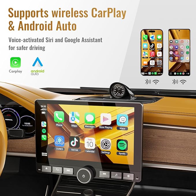 Haudio 10.1" Single Din Android Car Stereo with 360° Rotatable Touch Screen - Android 13, Wireless CarPlay & Android Auto, 2G+64G, Built-in GPS/Wi-Fi/Bluetooth, Includes Backup Camera.