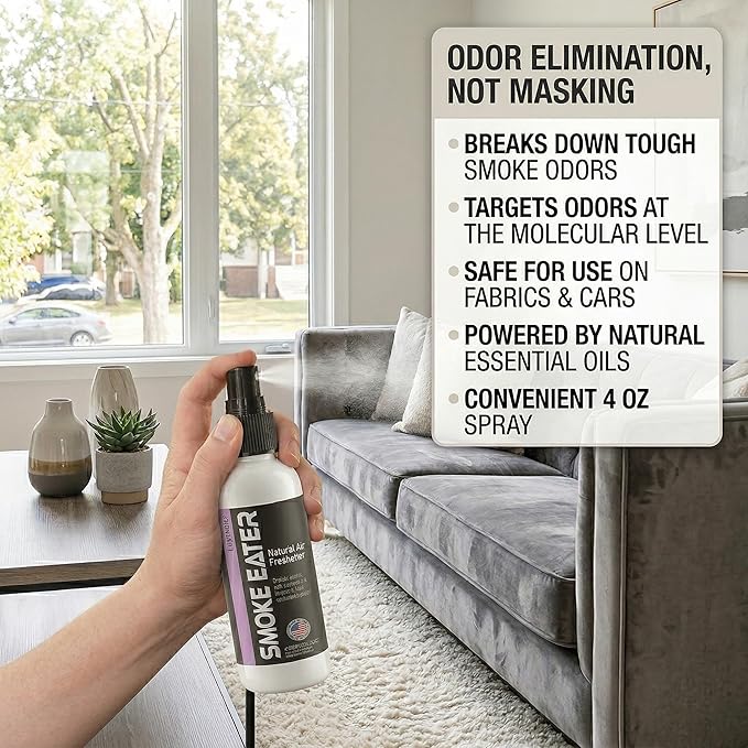 Smoke Eater Cigarette, Cigar & Tobacco Odor Eliminator Spray & Air Freshener for Car, Home, Clothes — Lavender, 4 oz Travel Size — Tea Tree Oil Formula, Non-Aerosol Pump Spray