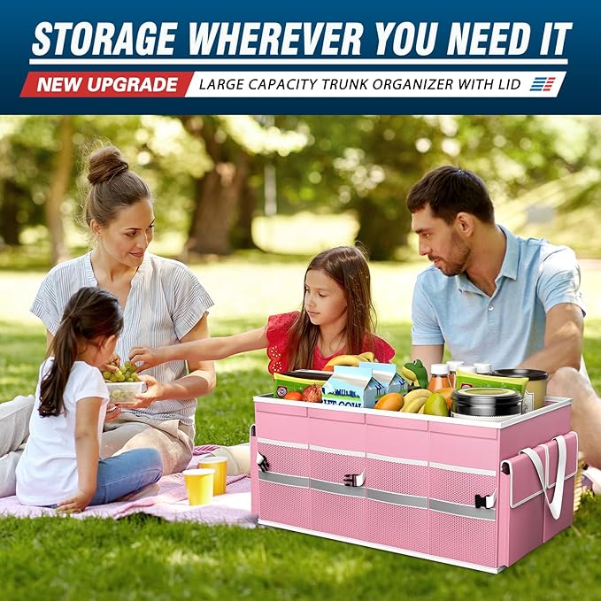 K KNODEL Car Trunk Organizer with Lid, Collapsible Car Trunk Storage Organizer, Car Organizer and Storage for SUV, Truck, Sedan (Medium, Pink)
