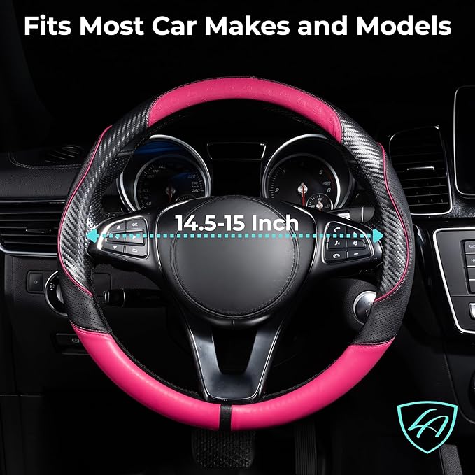 Lord Autofashion Steering Wheel Cover – PU Leather, Non-Slip Rubber Inner, All-Season Comfort – 14.5–15 Inch (Black/Pink 7685)
