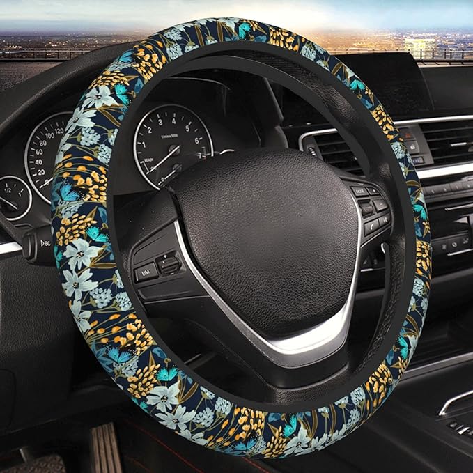Floral Butterfly Blue Steering Wheel Cover for Women Elastic Rubber Steering Wheel Universal 15 Inch Fit for Cars, Auto, SUVs