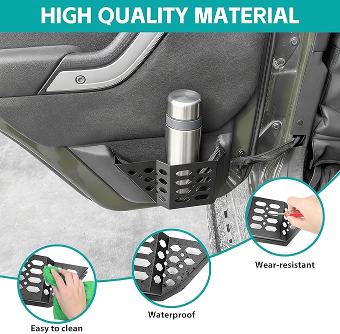 Rear Door Pocket Cup Holder Organizer Compatible with 2007-2018 Jeep Wangler JK JKU Rubicon Sahara Accessories, Metal Door Side Insert Storage Box Expansion Accessories Replace Sagging Net