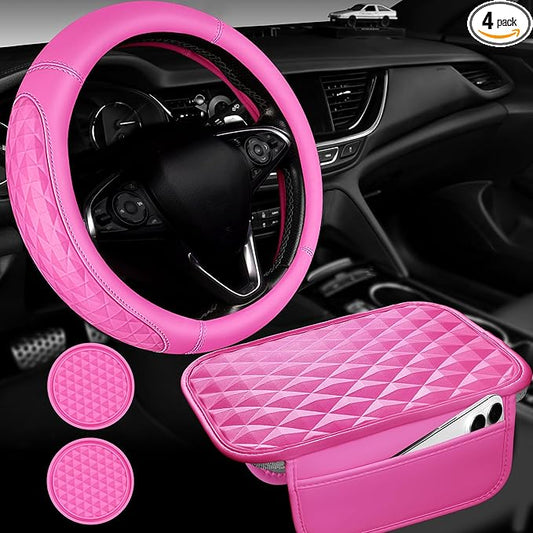 CAR PASS 3D Rhombus Pink Leather Steering Wheel Cover Car Accessories Set, Center Console Armrest Cushion with Storage Bags 2 Non-Slip Cup Coasters, 14.5-15in Cute Car Interior Sets, 4 PCS Hot Pink