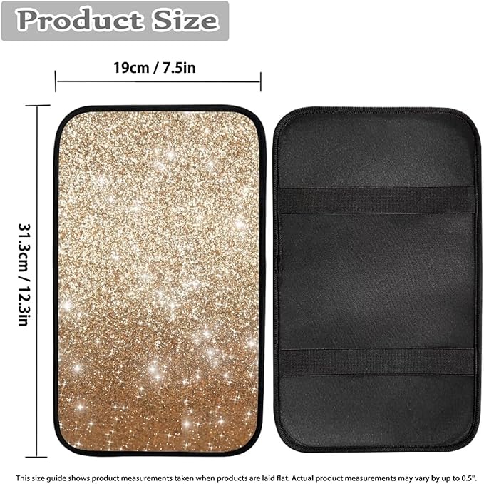 Gold Bling Car Armrest Storage Box Mat Car Center Console Cover Car Armrest Seat Box Cover for Most Vehicle, SUV, Truck Car Decors
