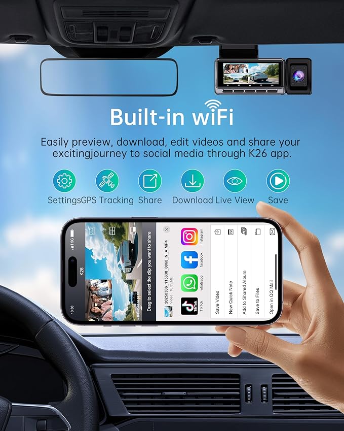 Dash Cam Front and Rear, 4K/2.5k Full HD 3 Channel Dash Camera for Car, Included 32G Card Dashcam, Built-in WiFi GPS, App Control, 3.18’ IPS Screen, Night Vision, Wide Angle, WDR, 24H Parking Mode