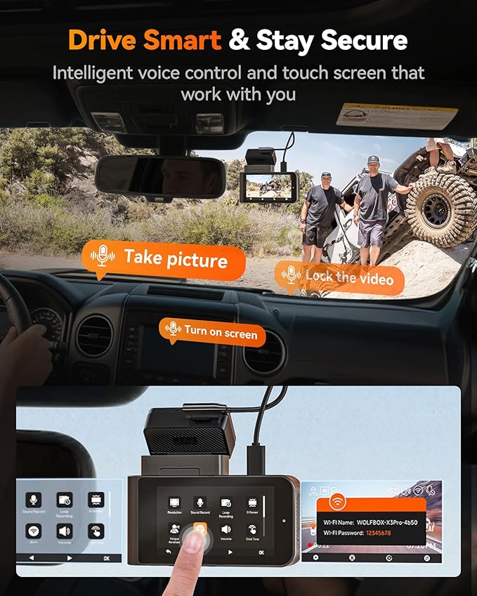 WOLFBOX X3 PRO Dash Cam Front and Rear, Dual STARVIS 2 IMX675, 1440P 60FPS+1440P ADAS Car Camera, EIS Image Stabilization with Ultra-Fast 5.8GHz WiFi, Voice Control & 3" Touch Screen, 64GB Card & GPS