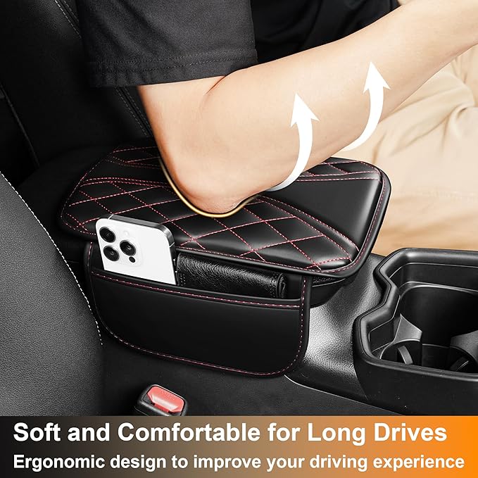 Car Center Console Cover Fit for Jeep Cherokee - Leather Armrest Covers with 2 Storage Pockets(Black&Red)