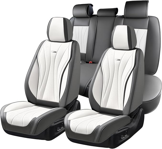 Coverado Front and Back Seat Covers, Waterproof Car Seat Cover, 5 Seat Leather Seat Cover for Cars, Universal Car Seat Protector, Automotive Seat Cover Car Seat Cushion Fit for Most Cars (Gray&White)