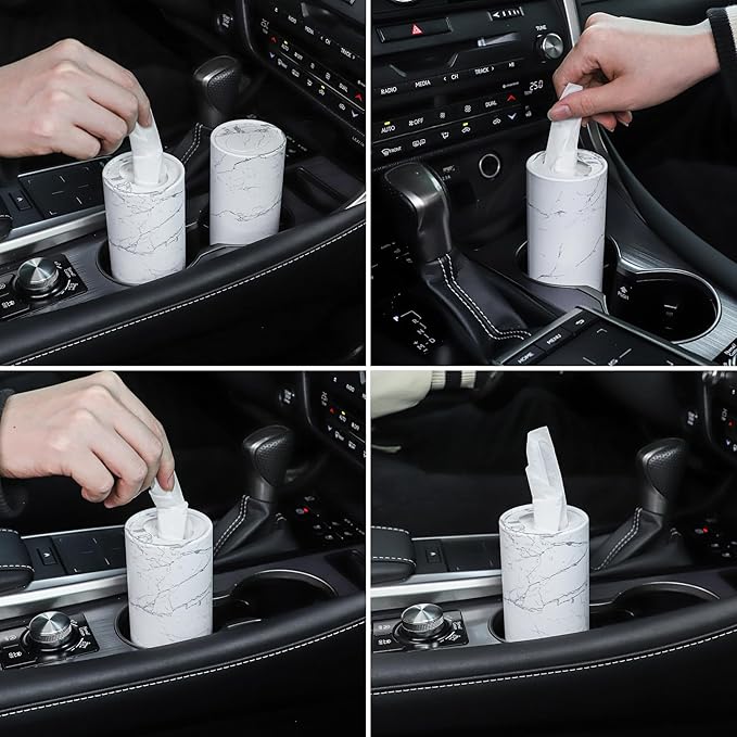 SINGARO Car Tissue Holder, 4 Pack Car Cup Holder Facial Tissues with Travel Tissue Bag, Quick and Convenient Flower Combination Car Tissue Box(4 Canisters/200 Tissues) White