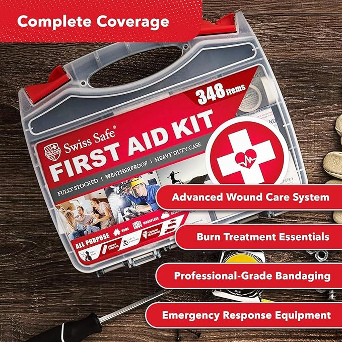 Swiss Safe 2-in-1 First Aid Kit for Car, Travel, Home, & Business – Includes Bonus Mini Kit for Medical Emergencies, Camping & Outdoor Survival – 348 Pieces, Large Hardcase, Pack of 2