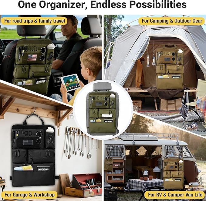 Tactical Seat Back Organizer Heavy Duty MOLLE Panel Organizer with Multiple Pockets & Hook Loop Panel for Road Trip Essentials, Universal Fit for Car SUV Truck Jeep (Army Green)