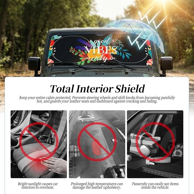 63"x28.5" Car Windshield Sun Shade with Storage Pouch, Stylish Printed Front Window Sunshade with Double Ring Frame, Universal Fit Foldable Heat Blocker & UV Protector for SUV, Sedan (Good Vibes)