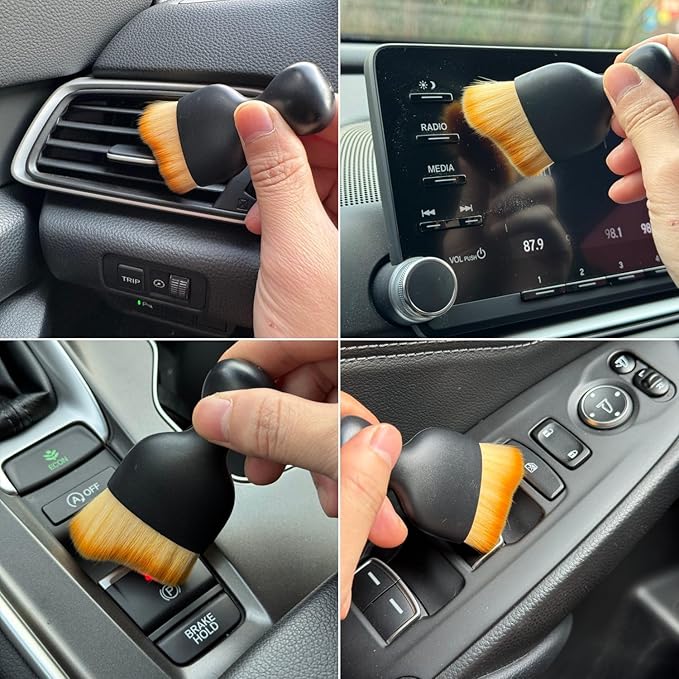 Car Detailing Brush, Soft Bristle Cleaning Brush, Scratch-Free Auto Duster Tool for Dashboard, Air Vents, Leather & Interior Cleaning (Black&Brown with Cap)