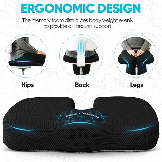 FORTEM Seat Cushion, Office Chair Cushion, Desk Chair Memory Foam, Sciatica Coccyx Tailbone Pain Relief, Pressure Relief, Sitting Pad, for Long Gaming & Sitting, Washable Cover, Non Slip