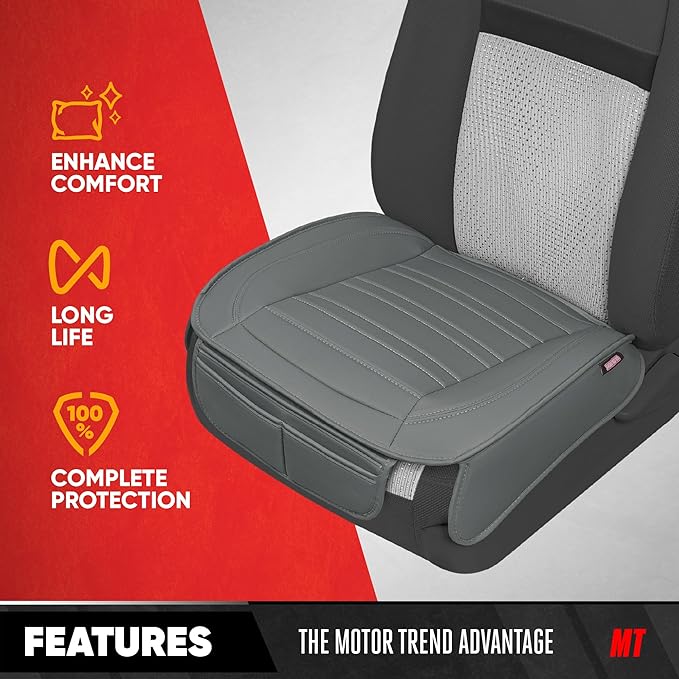 Motor Trend Seat Covers for Cars Trucks SUV, Faux Leather 2-Pack Gray Padded Car Seat Covers with Storage Pockets, Premium Interior Seat Cover
