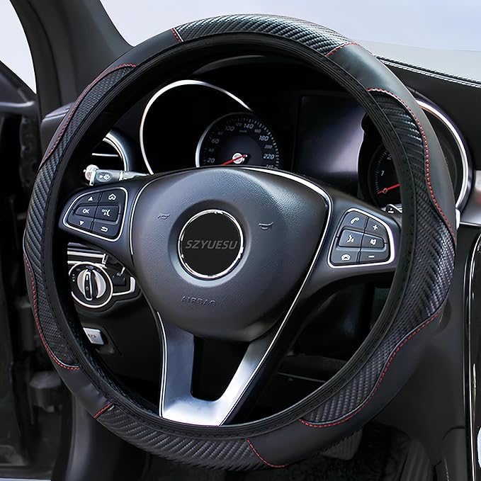 Car Steering Wheel Cover, 15 inch Microfiber Leather Carbon Fiber Soft Anti-Slip Breathable, Universal Size Elastic Car Accessory for Most Cars (Black)