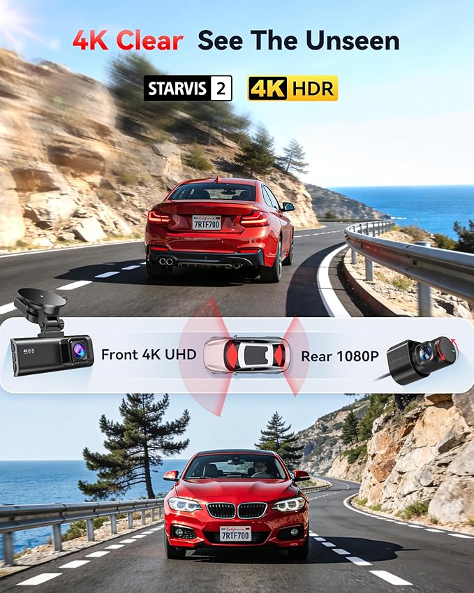 REDTIGER Dash Cam 4K Front and 1080P Rear, STARVIS 2 Sensor, 5.8GHz WiFi (20MB/s), GPS, WDR & HDR Night Vision, 170°Wide Angle, Parking Mode, Loop Recording with Emergency Lock(SD Card Not Included)