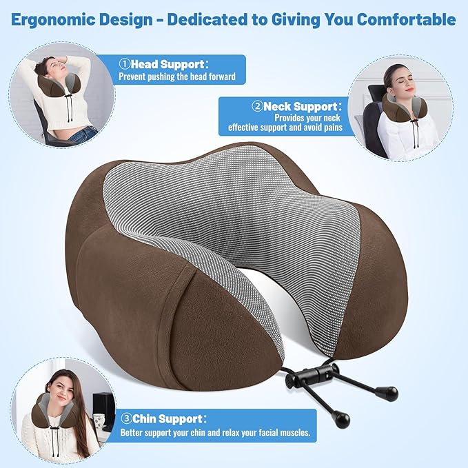 CloudBliss Travel Pillow Premium Memory Foam, Comfortable & Supportive Neck Pillow, Neck Pillows for Sleeping Travel, Airplane Pillow for Sleeping Airplane, Car, Office and Home（Black & Brown）