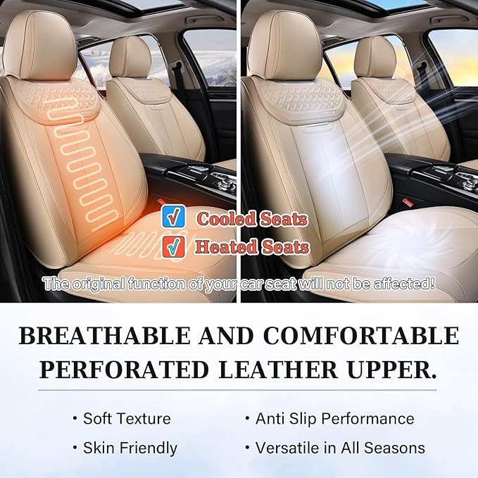 Coverado Car Seat Covers Full Set, Seat Covers Waterproof, Nappa Leather Seat Covers for Cars, Front and Back Car Seat Protector, Breathable Seat Cushion, Seat Cover Universal Fit Most Cars(Beige)
