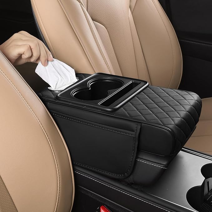 FREESOO Car Center Console Cover, Leather Armrest Cover for Car, Universal Middle Console Cushion with Storage Box, Cup Holder, Tissue Box & Phone Slot, Luxury Waterproof Interior Accessories, Black