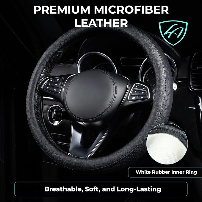 Lord Autofashion Steering Wheel Cover – PU Leather, Non-Slip Rubber Inner, All-Season Comfort – 14.5–15 Inch (Black 8397)
