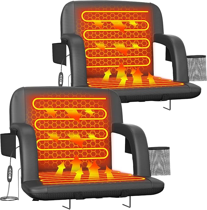 Suteck Dual-Side Heated Stadium Seats with Back Support, Wide Portable Stadium Chair, Foldable Bleacher Chair W/USB 3-Level Heating, 5 Storage Pockets for Outdoor Bleachers Camping Games