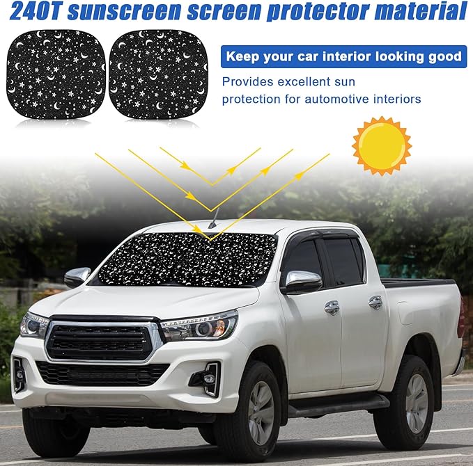 Moukeren 2 PCS Windshield Sun Shade for Car Foldable Window Covers for Car Accessories Reflect UV Sun Heat Protector for Universal Cars SUV Truck RV (Star Moon,31.75 x 28.75 Inch)
