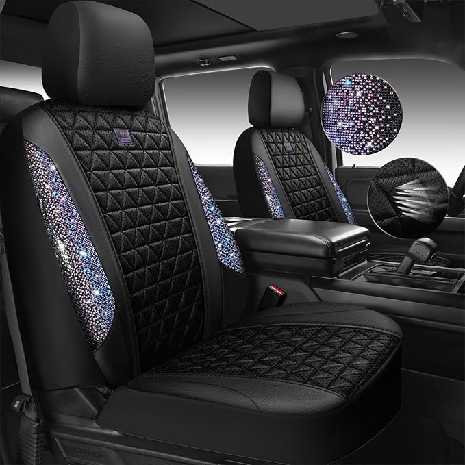 CAR PASS Bling Diamond Air Mesh Seat Cover Front Seats,Leather Seat Covers for Car Shining Glitter Sparkly,Automotive seat covers Universal Fit SUV Truck Cute Women Girl,Bedazzed Iridescent Rhinestone