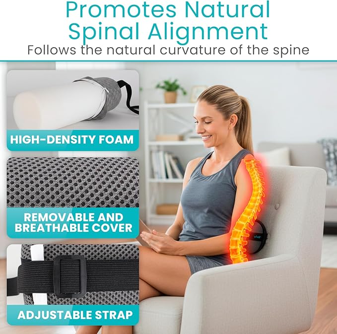 Vive Lumbar Roll Pillow for Lower Back Pain - Low Back Support Cushion for Office Chair, Car, Driving, Desk Computer - Ergonomic Portable Cervical Bolster for Thoracic Low Rest Posture Corrector(Soft)