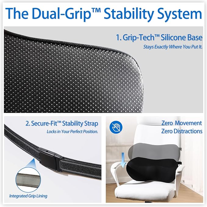 Lumbar Support Pillow for Car with Dual-Grip™ Stability System - Advanced Adaptive Memory Foam Back Pillow for Lower Back Pain Relief, Ergonomic Driving Seat & Office Chair Cushion, Black
