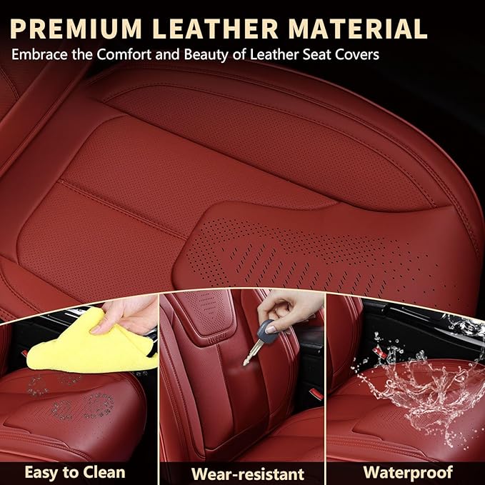 FLORICH Car Seat Cover Full Set, Red Automotive Seat Covers, Luxury Faux Nappa Leather Car Seat Protectors, Car Seat Cushions Universal Fit for Most Sedans SUVs Trucks - Red