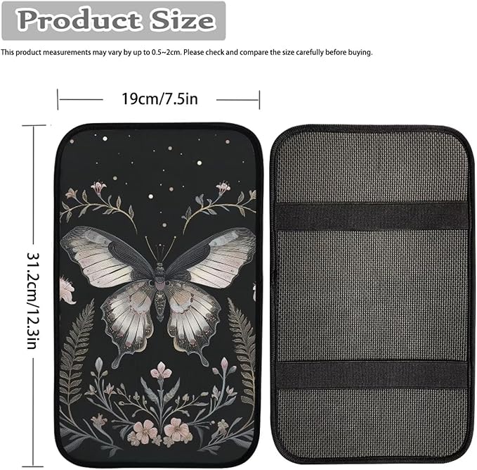 Flower Moth Automotive Center Console Cover Universal Car Armrest Cover Auto Center Console Cushion Protector Floral Moth Car Interior Accessories Decor, Black