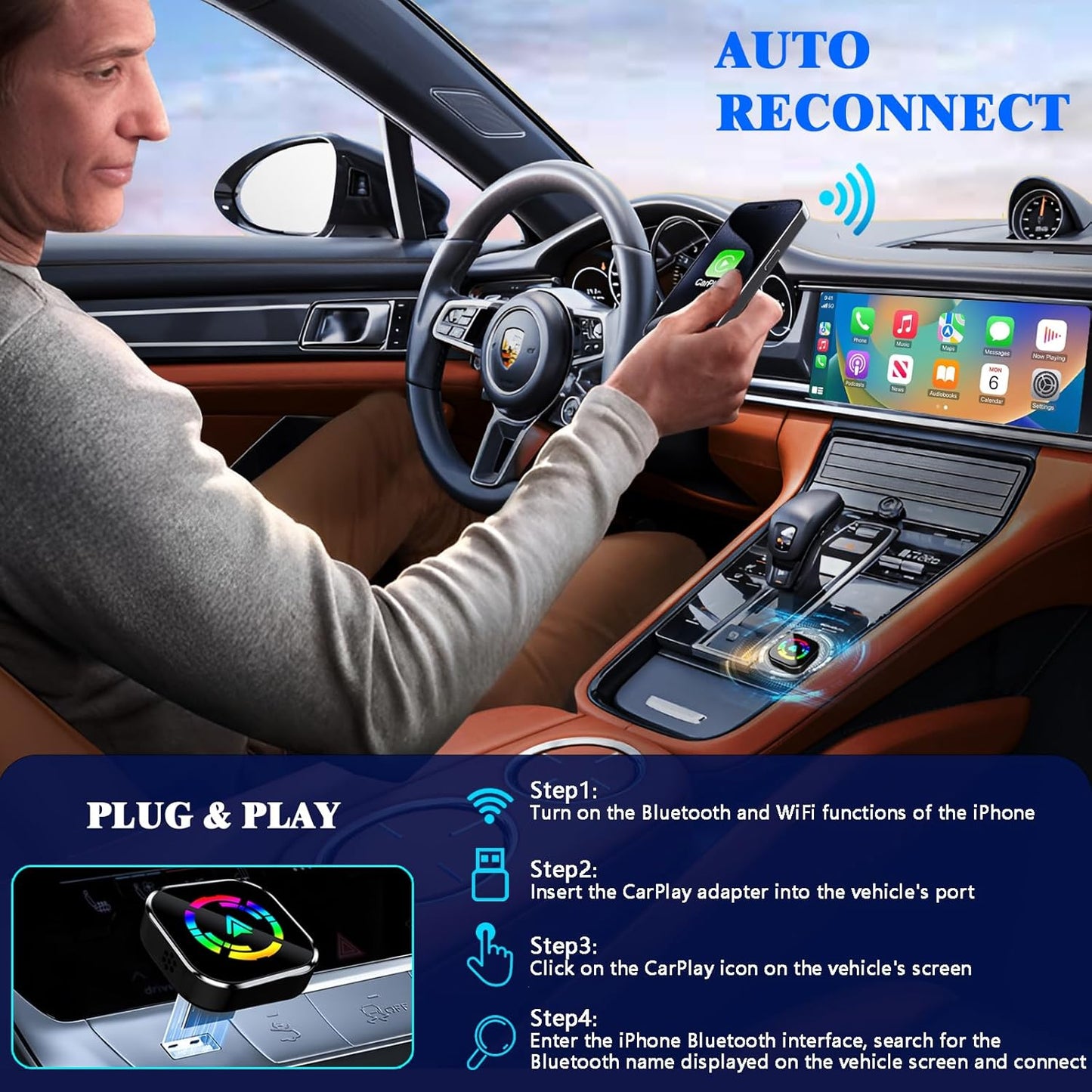 Wireless CarPlay Adapter for iPhone, 2025 Upgraded Wired to Wireless for Apple CarPlay, Mini USB Design Car Play Adapter with Type-C Extension, Plug and Play, Stable Connection & No Latency