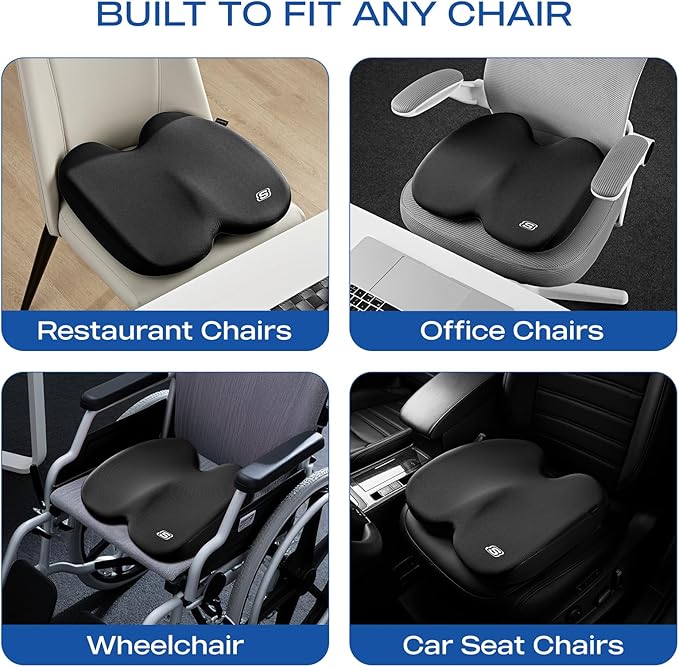 Skechers Seat Cushion, Ergonomic Memory Foam Cushion for Long Sitting Hours on Office & Home Chair, Car Seat Cushion for Sciatica, Coccyx Cushion,Black