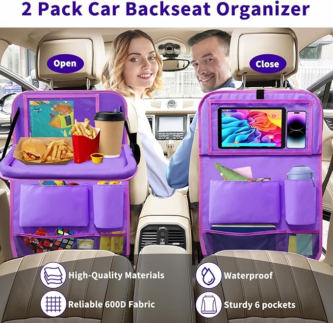 Car Seat Back Organizer Table Tray, Car Seat Storage Organizer for Kids with Foldable Tablet Holder, 6 Storage Pockets Kick Mats 600D Oxford, 2 Pack Purple