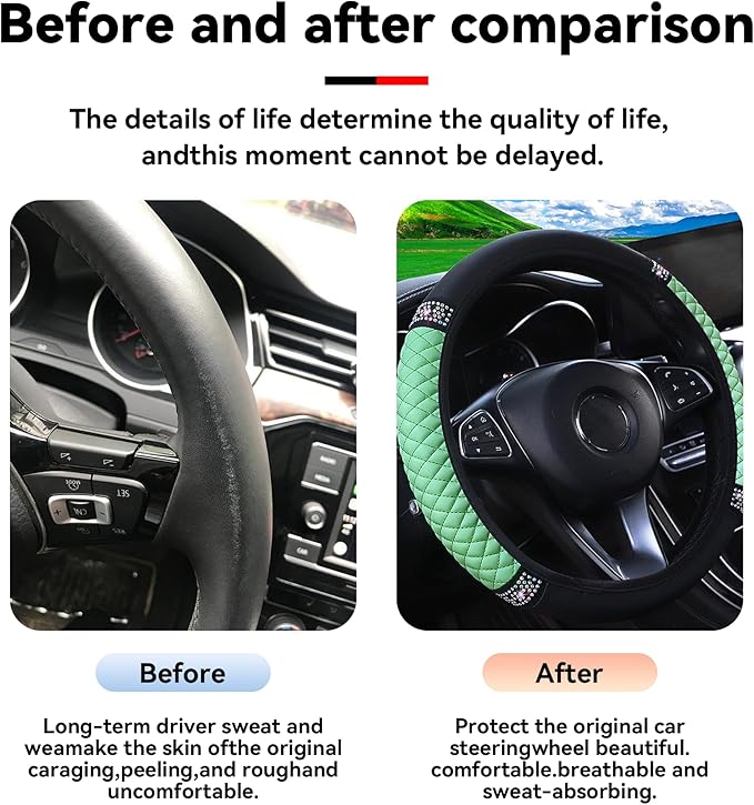 Bling Car Steering Wheel Cover, 15 Inch Rhinestones Soft Leather Elastic Steering Wheel Protector, Sparkly Crystal Diamond for Women Girls, Car Interior Accessories for Most Cars (Green)