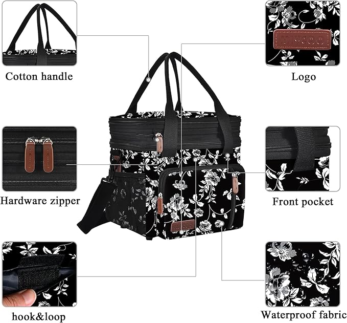 MIYCOO Lunch Bag & Lunch Box for Women Men, Double Deck Leakproof Insulated Soft Large Adult Camping Cooler bag for Work, Beach, Picnic, Travel (White Flower, 15L)