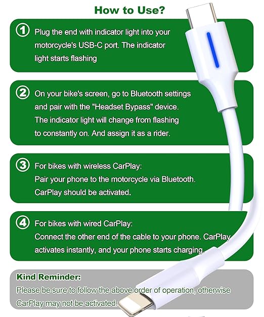 USB-C Motorcycle CarPlay Bypass Adapter Cable,Activate Motorcycle CarPlay Screen Casting Without Bluetooth Headset,Compatible with Harley/Goldwing/Indian,Support Charging Simultaneously