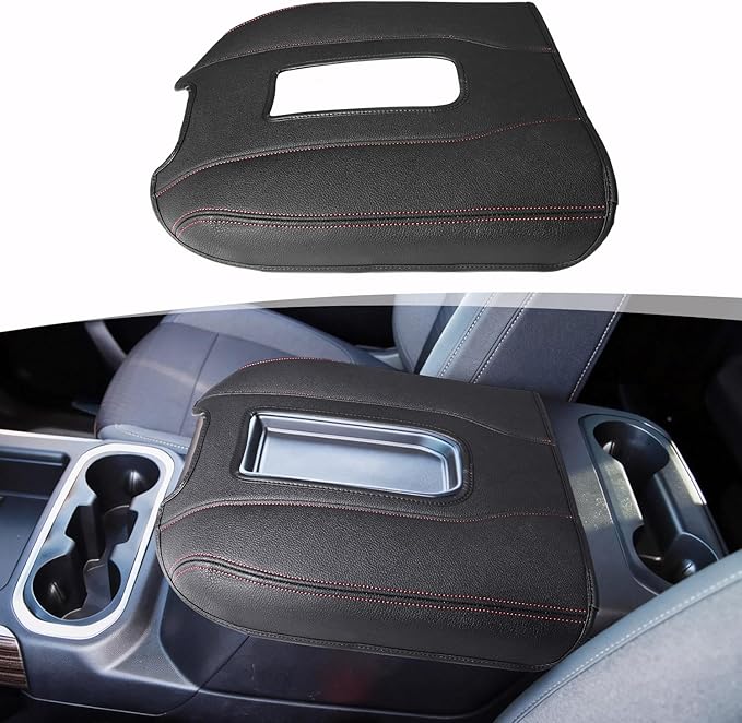 Center Console Armrest Cover for Chevy Chevrolet Silverado 1500/GMC Sierra 2019-2026, Yukon/Suburban/Tahoe 2021-2026, PU Leather Middle Console Lid Protector Cushion Thick Pad Black-Red(Bucket Seat)
