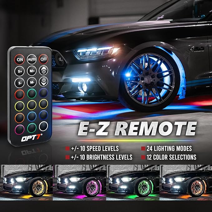 OPT7 Aura Pro Wheel Well Lights Kit with APP & Remote Control, 4pc 24" Waterproof LED Strips, Music Sync, RGB Multi-Color Modes Neon Tire Rim Lights for Car Truck SUV Van