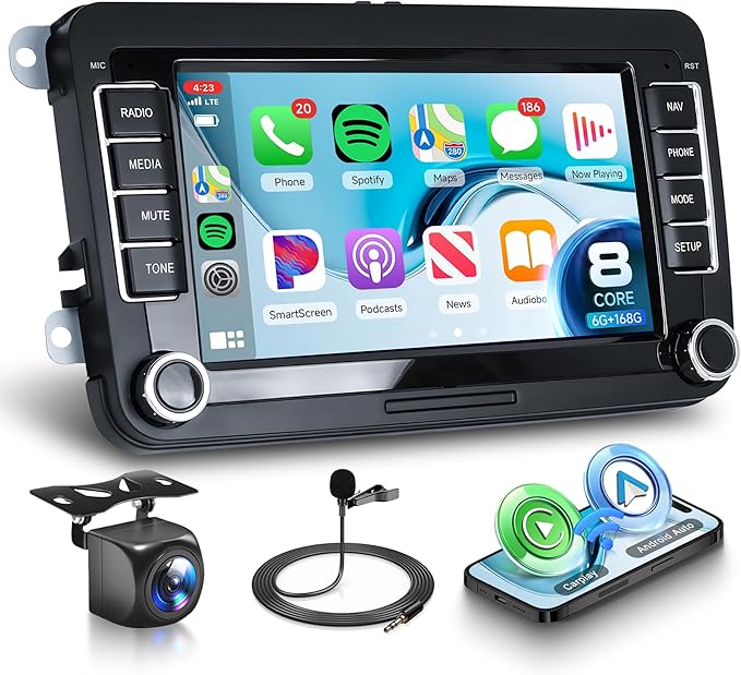 8 Core 6G+128G Android Car Stereo for VW Golf MK5 MK6 Passat Jetta Tiguan T5 EOS Polo with Wireless CarPlay Android Auto, 7” Touchscreen Car Radio GPS WiFi SWC Bluetooth 32EQ Backup Camera