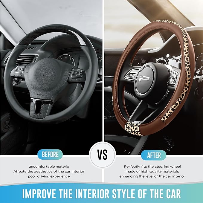 Road Comforts Steering Wheel Cover - Made with PVC Leather and Leopard Fabric - Universal 14 1/2 inches to 15 inches for Most Automotive Steering Wheel - Cheetah Print - Brown