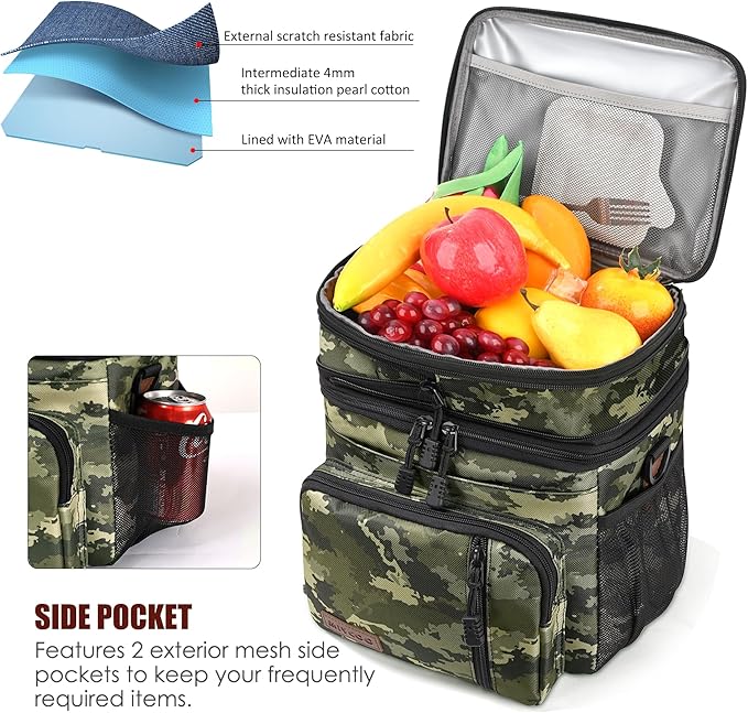 MIYCOO Lunch Bag & Lunch Box for Men Women, Double Deck Leakproof Insulated Soft Large Adult Camping Cooler bag for Work, Beach, Picnic, Travel (Camouflage, 15L)