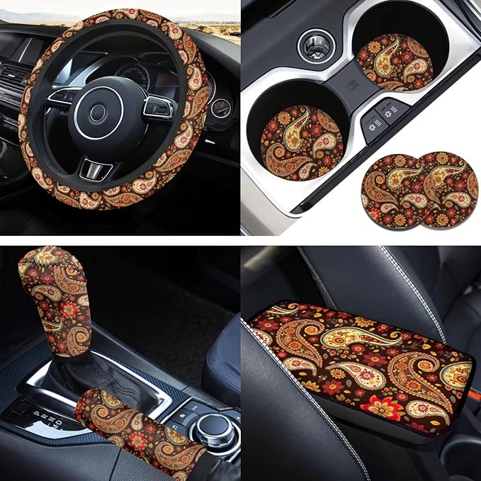 Bandanna Print 6pcs Car Steering Wheel Cover Set for Men Women Car Accessories Handbrake Cover Cup Coaster Auto Interiors Decor for Men Women 6pcs