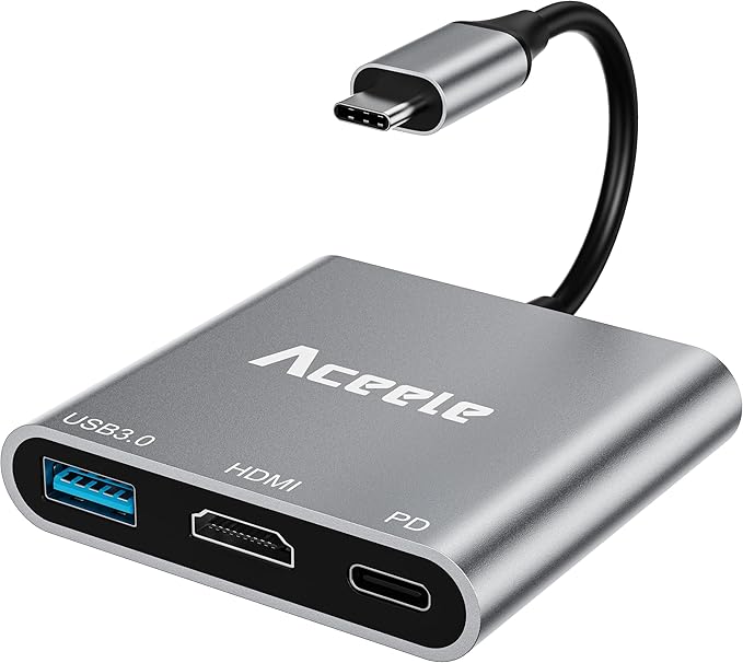 Aceele USB C to HDMI Adapter, USB C Hub with 100W PD 2.0, USB-A 3.0 Data Port, 4K HDMI Output Port, Type C Multiport AV Converter for MacBook Pro/Air, iPad, Tablets, Switch, TV, Monitor and More