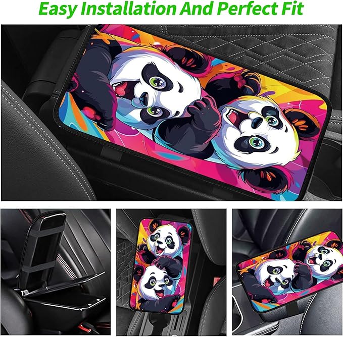 Car Armrest Cover Pads Universal Fashion Cute Auto Center Console Armrest Cover Pad with 2PCS Car Coasters Soft Waterproof Car Armrest Seat Protector for Women, Cute Panda Playing
