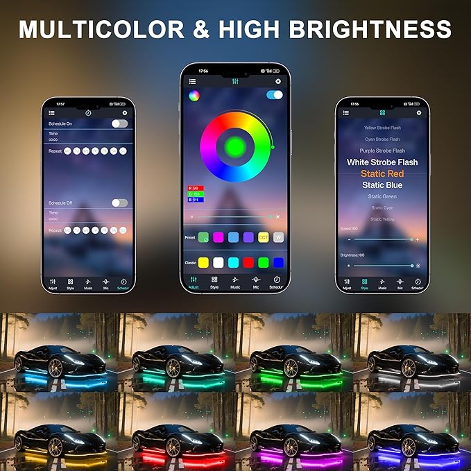 Underglow LED Lights for Cars - 6PCS RGB Neon Underglow Kit with Wireless APP Control, Music Sync, 8 Colors, 360 LEDs Waterproof for Cars, Trucks, SUVs