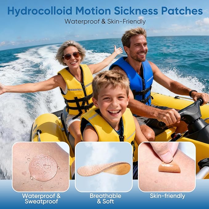 90ct Motion Sickness Patches Non Drowsy Sea Sickness Patches for Cruise Travel Essentials, Hydrocolloid Patch Behind Ear for Car Airplane Ship Road Trip Altitude Sickness, Fast Acting & Lasts 72 Hours