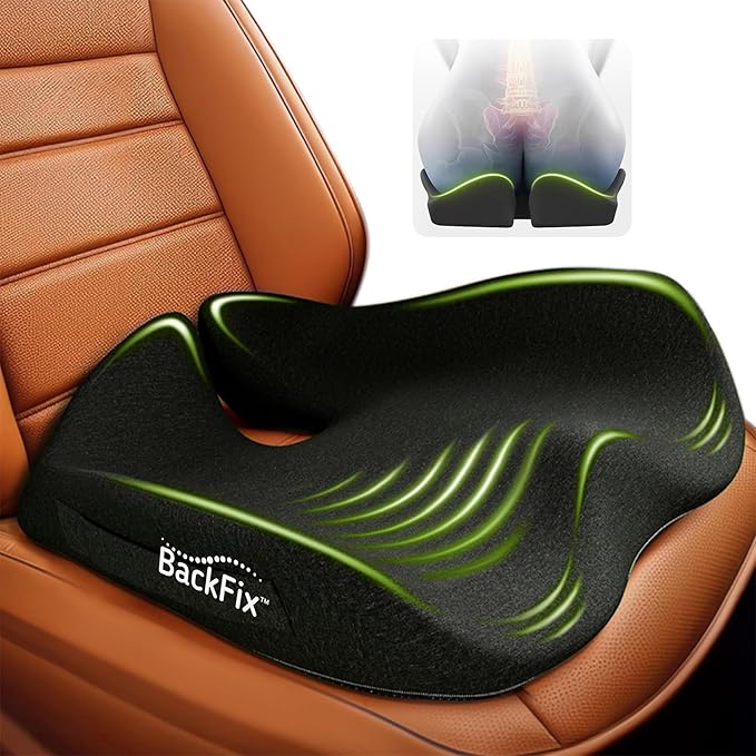 BackFix Extra Large Wide Support Car Seat Cushion – Pressure Relief Hip, Lumbar, Tailbone, Sciatica. Adaptive Contour Memory Foam. Cooling Tech Car-Truck-Office Seat, Black