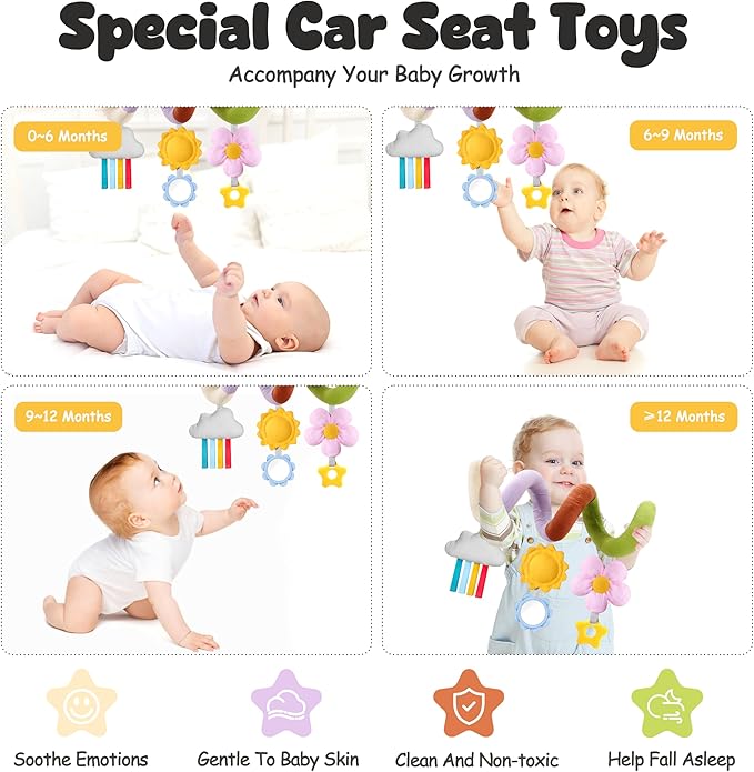 Stuffed Spiral Baby Car Seat Toys, Best Newborn Shower Gifts, Soft Infant Essentials Must Have Stroller Hanging Toys (Vibrant Nature)